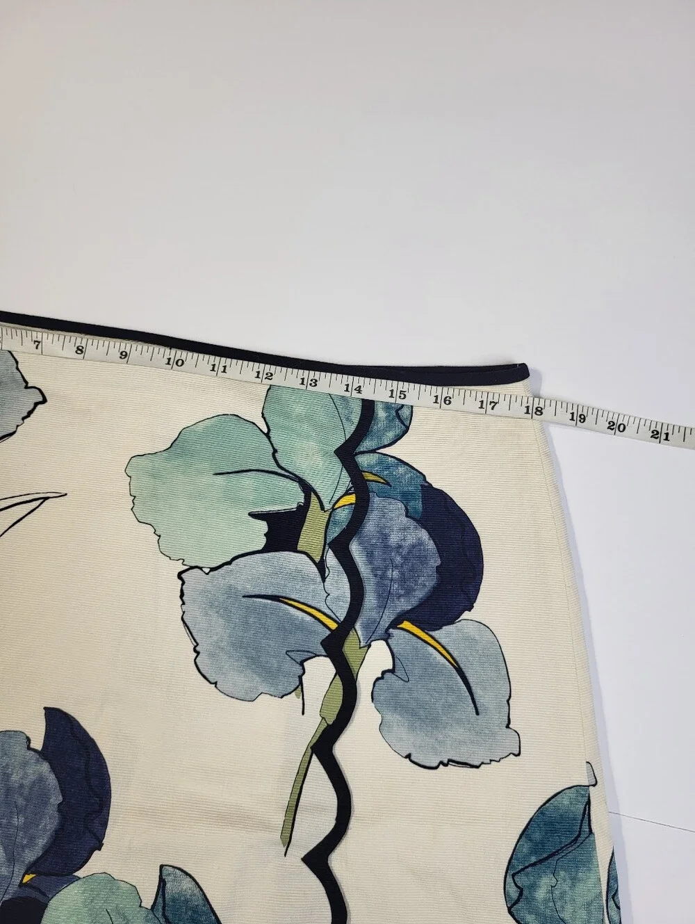 Tory Burch Iris Print A Line Skirt Black Scallop Trim Lined Blue Cream
